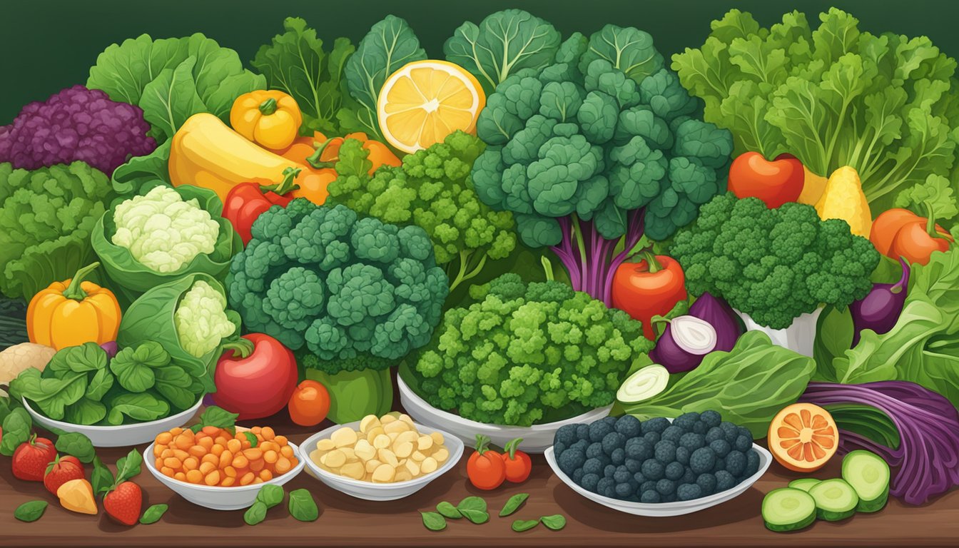 A colorful array of kale, spinach, and other nutrient-rich foods arranged on a table, with a focus on their vibrant green hues