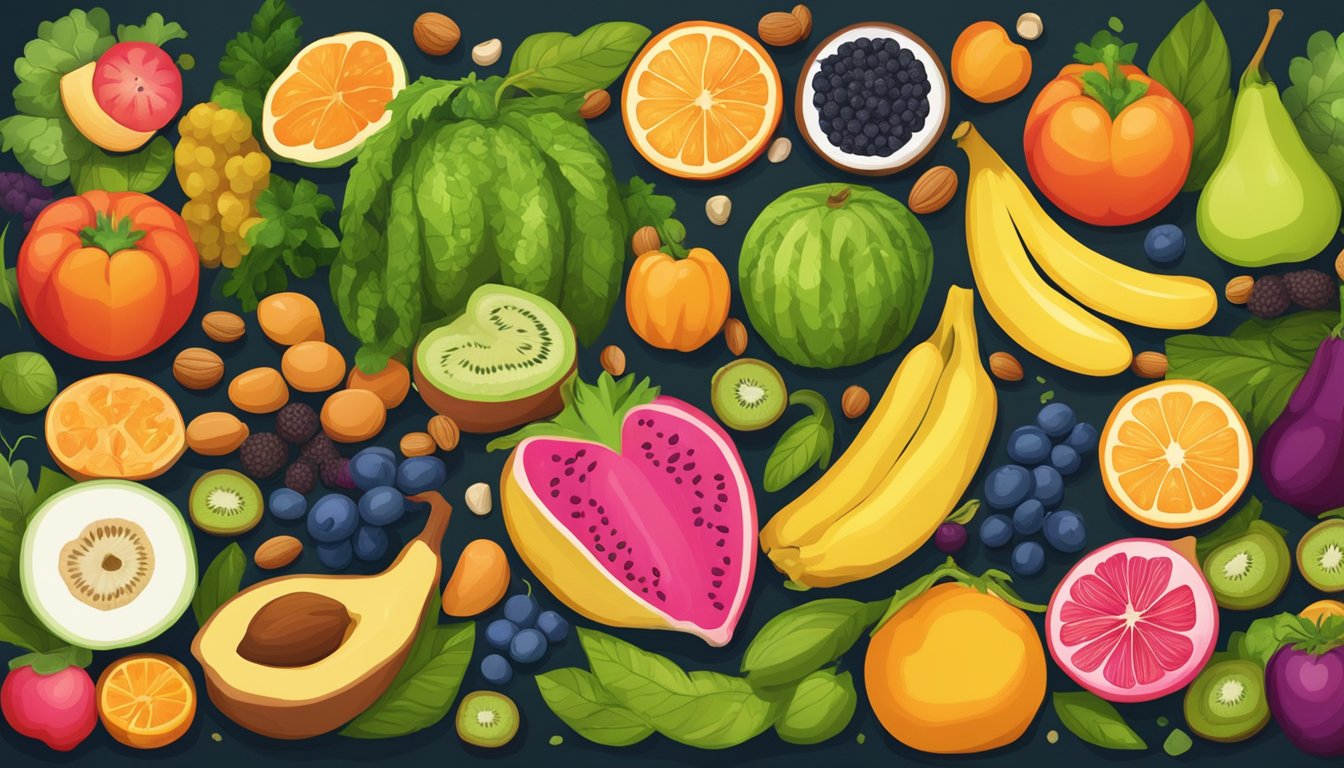 A colorful array of fruits, vegetables, nuts, and seeds arranged in a vibrant and inviting display, representing the role of nutrients in healing ovarian cysts