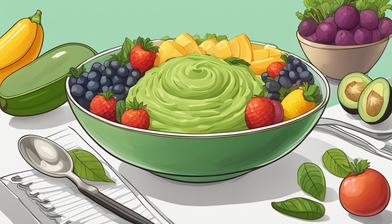 A bowl of mashed avocado surrounded by colorful fruits and vegetables, with a spoon and a feeding guide book next to it