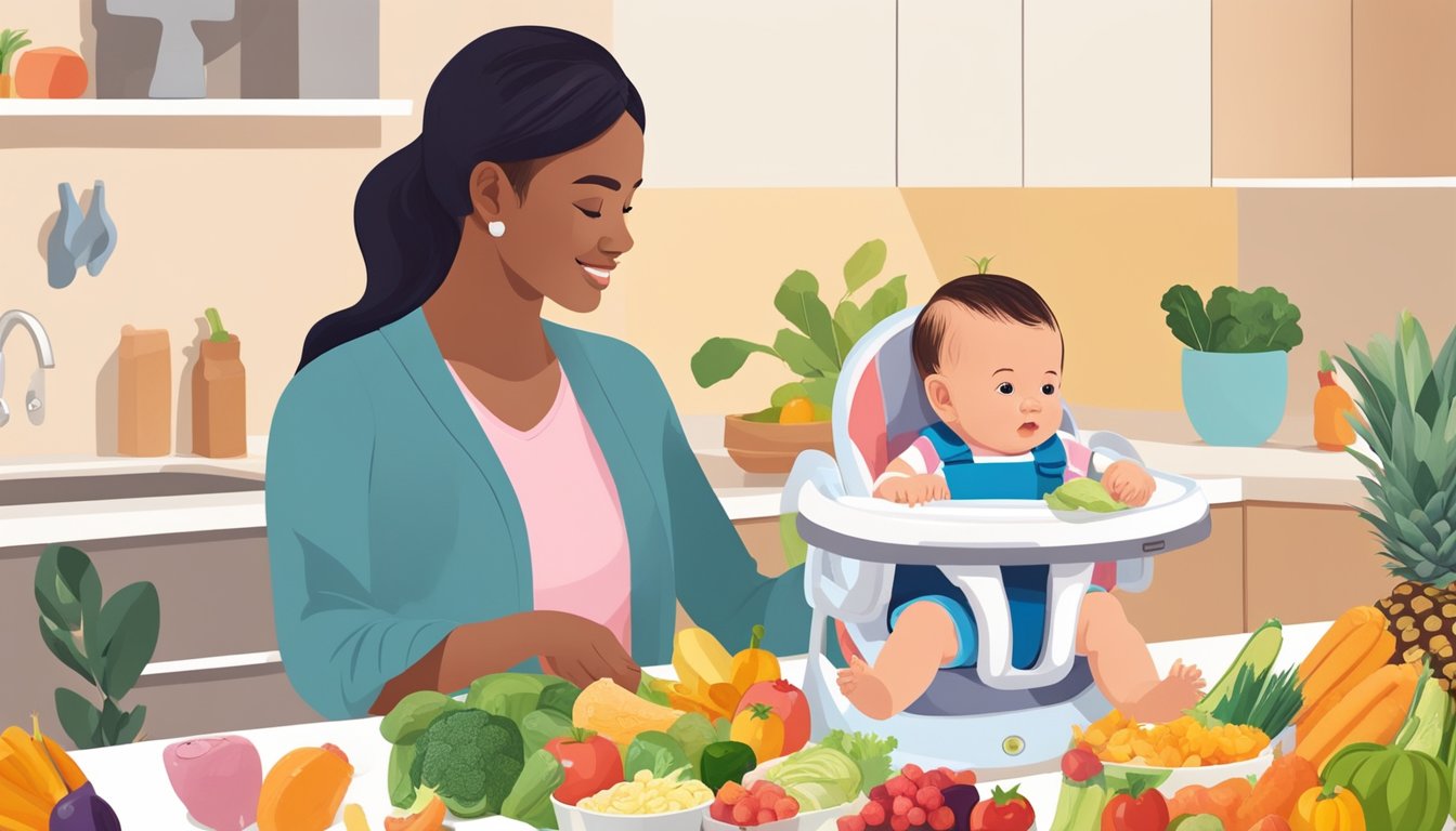 An 8-month-old baby sits in a high chair surrounded by a variety of colorful, nutritious foods. A caregiver stands nearby, preparing to feed the baby