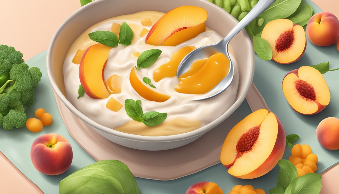 A bowl of peach puree surrounded by colorful fruits and vegetables, with a spoon and baby bib nearby