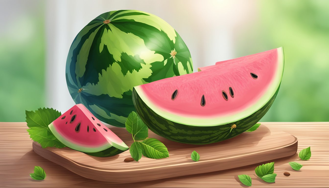 A ripe watermelon sliced open, with vibrant pink flesh and seeds, sitting on a wooden cutting board surrounded by fresh green leaves