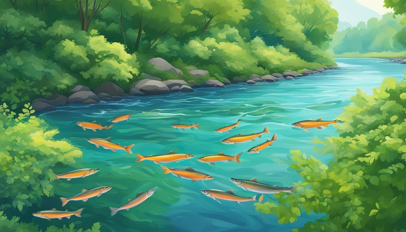 A serene river with a school of salmon swimming gracefully, surrounded by vibrant green foliage and a clear blue sky