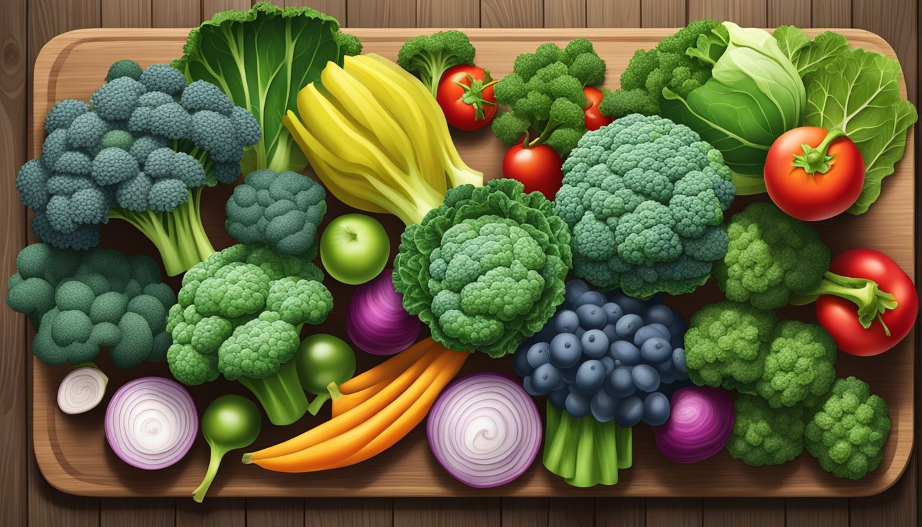 A colorful array of kale, spinach, and broccoli arranged on a wooden cutting board, surrounded by vibrant fruits and vegetables