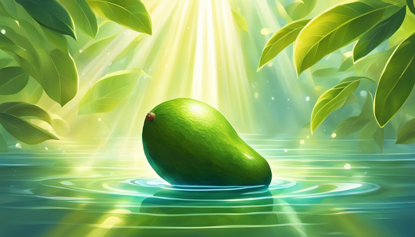 A vibrant avocado surrounded by floating rays of light, exuding a calming and soothing energy