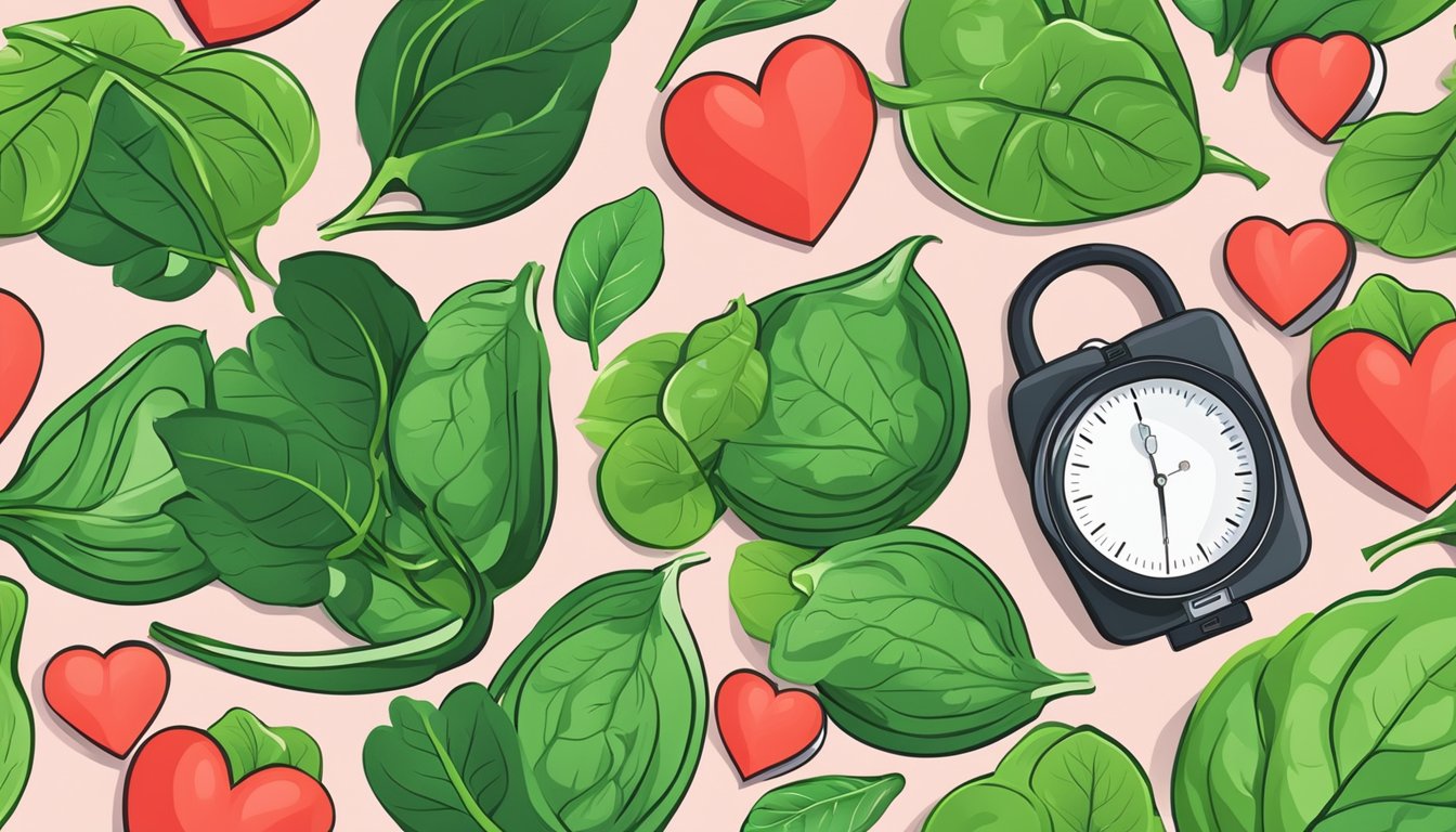 A vibrant green spinach leaf surrounded by heart icons and a blood pressure monitor