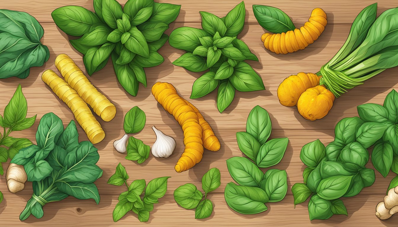 A vibrant assortment of fresh basil, ginger, turmeric, and leafy greens arranged on a wooden cutting board