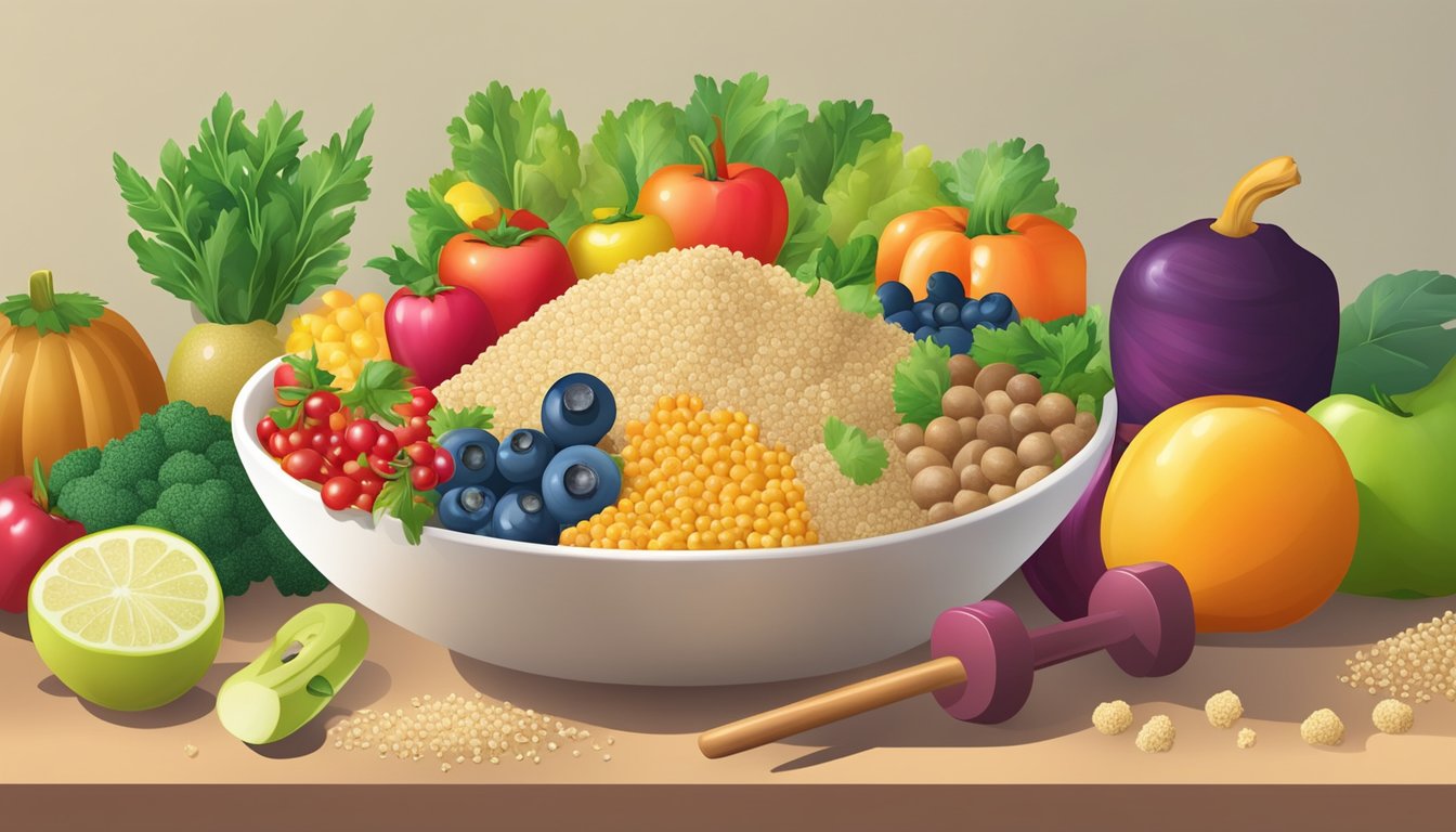 A bowl of quinoa surrounded by colorful fruits and vegetables, with a dumbbell in the background