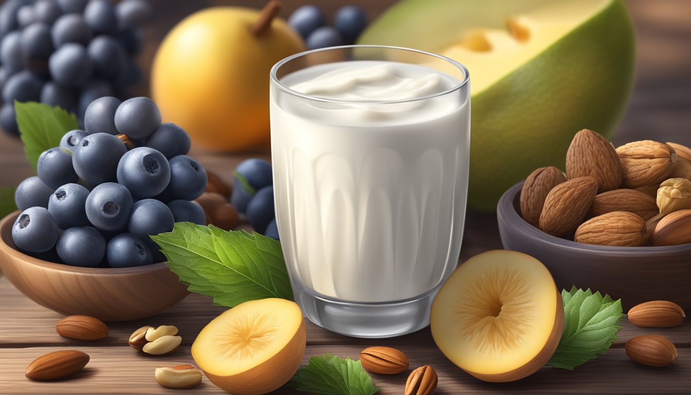 A glass of kefir surrounded by fruits and nuts on a wooden table