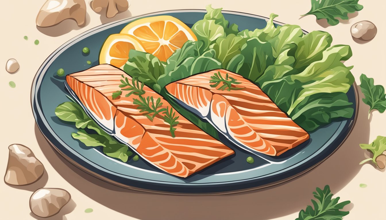 A plate of grilled salmon surrounded by sunlight, mushrooms, and leafy greens