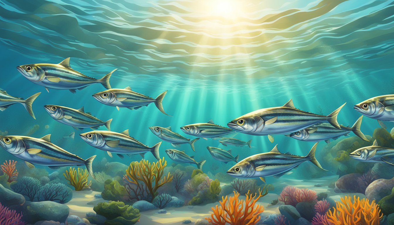 A school of mackerel swimming in a clear ocean, surrounded by colorful coral and seaweed, with the sun shining brightly above