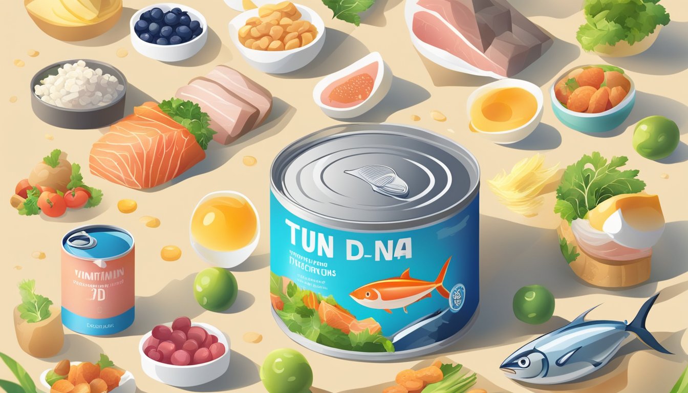 A can of tuna surrounded by sunlight and various foods rich in vitamin D