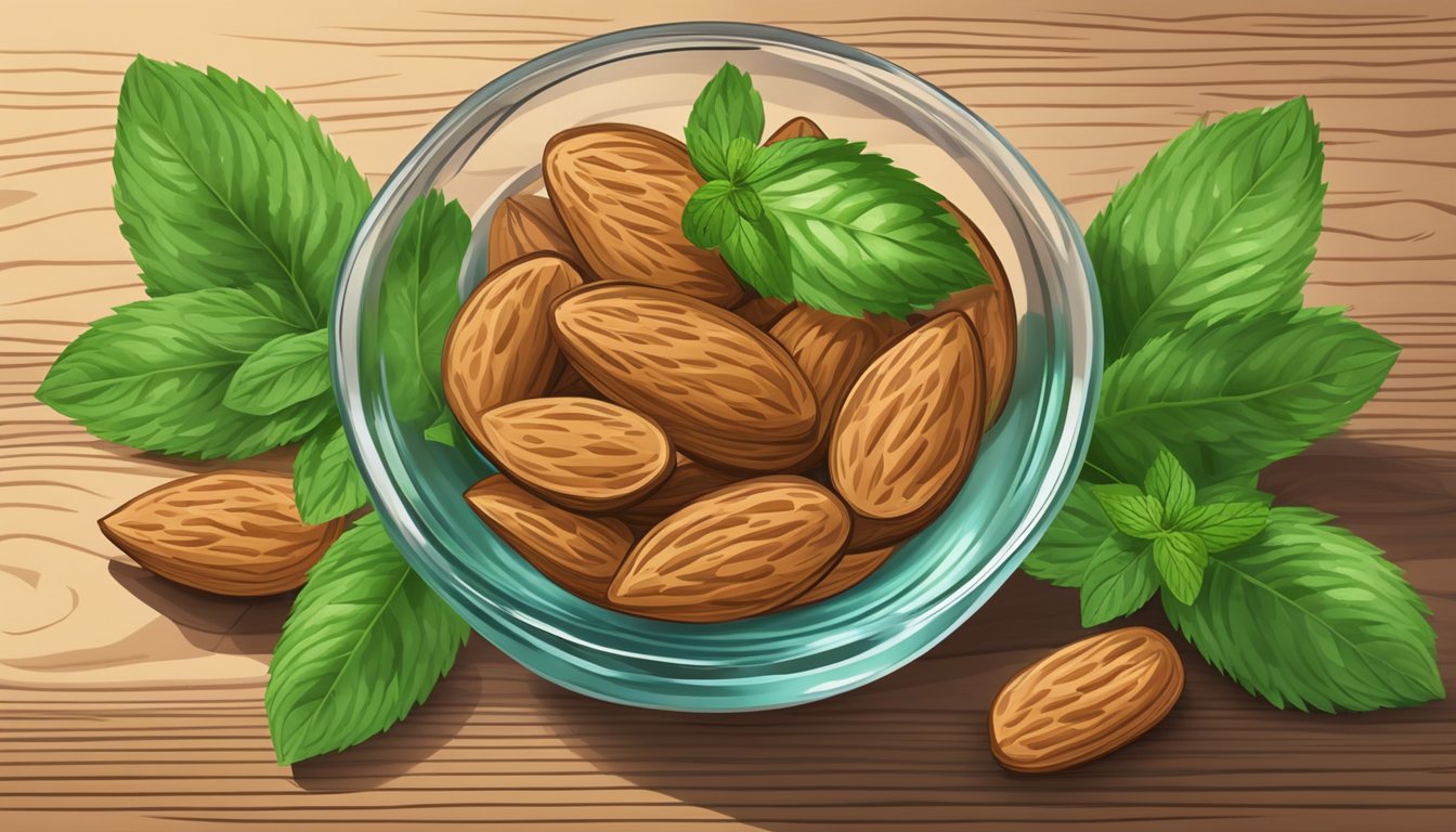 A bowl of almonds surrounded by fresh mint leaves and a glass of water on a wooden table