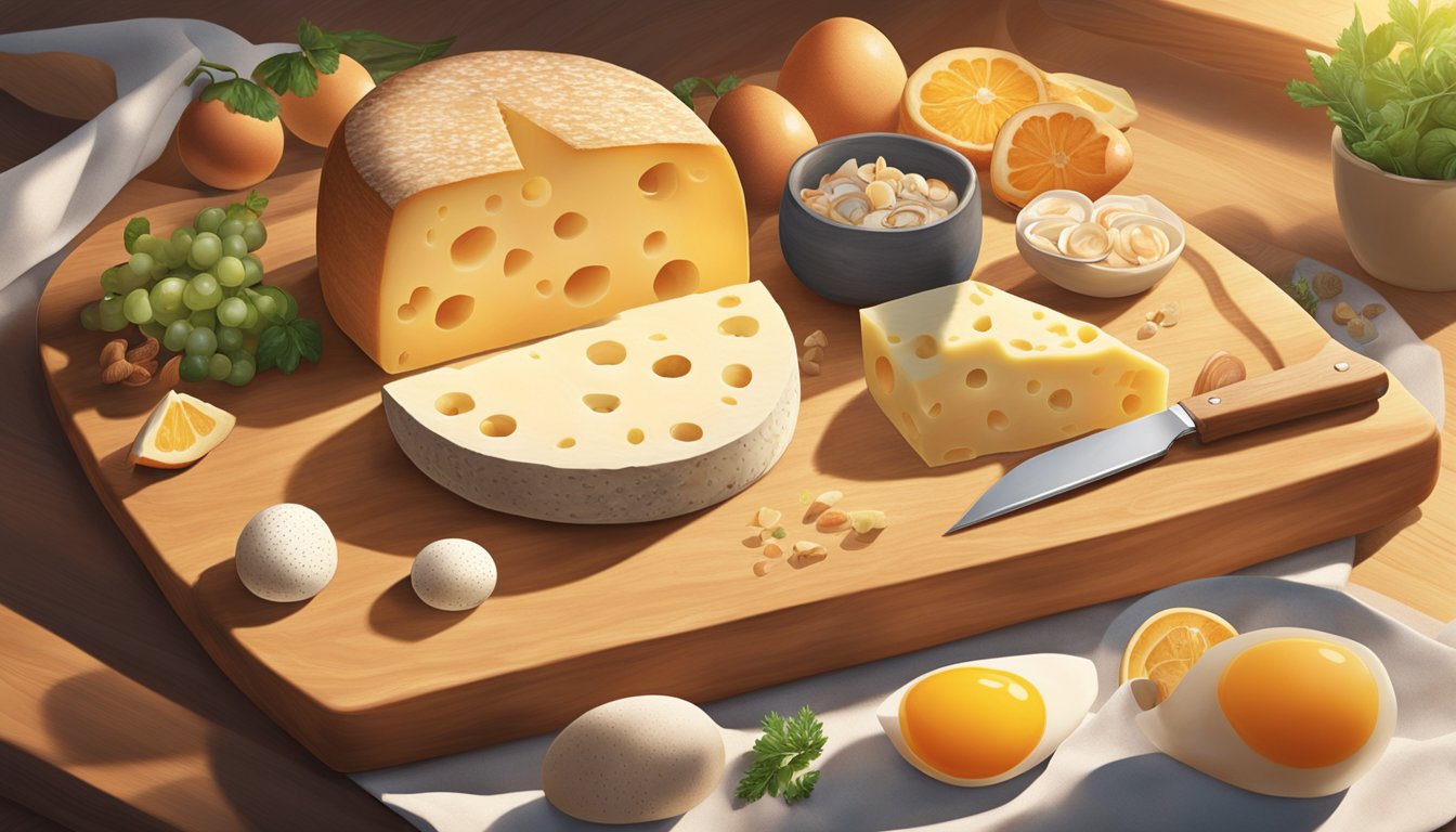 A wheel of Swiss cheese sits on a wooden cutting board, surrounded by a variety of foods rich in vitamin D such as salmon, eggs, and mushrooms. Sunlight streams in through a nearby window, casting a warm glow over the scene