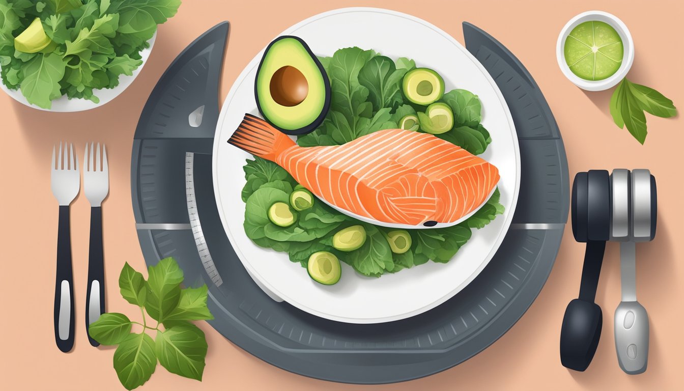 A plate with salmon, avocado, and leafy greens surrounded by dumbbells and a measuring tape