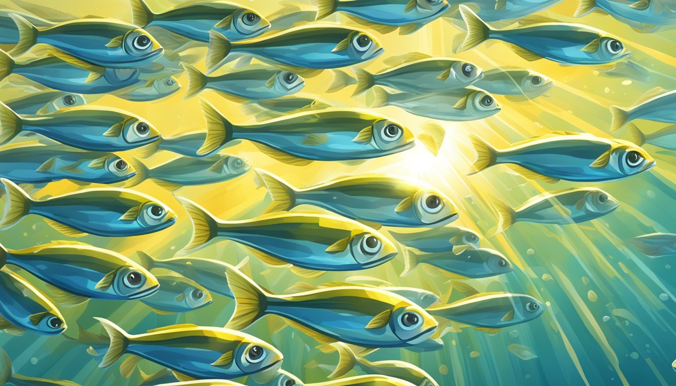 A school of sardines swimming under the bright rays of the sun in clear, vitamin D-rich waters