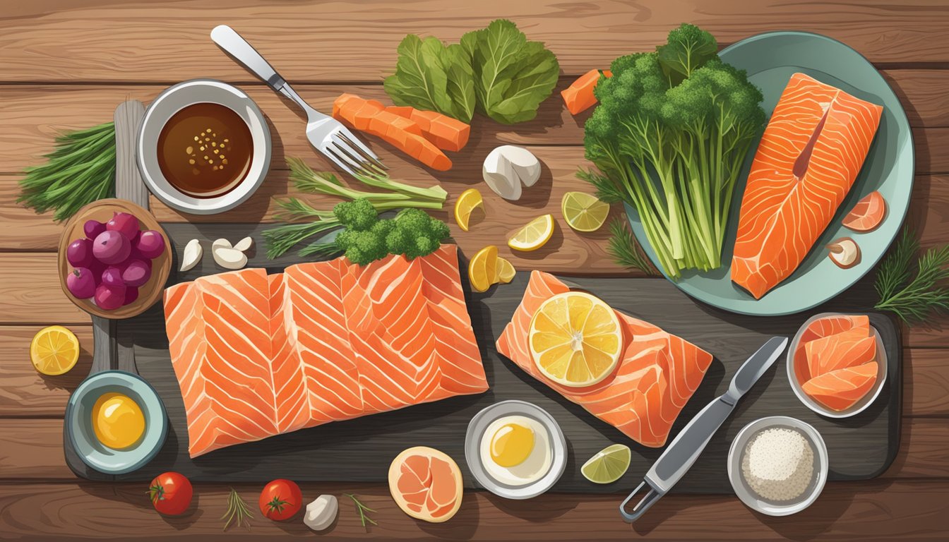 A colorful array of salmon and other headache-relieving foods arranged on a rustic wooden table