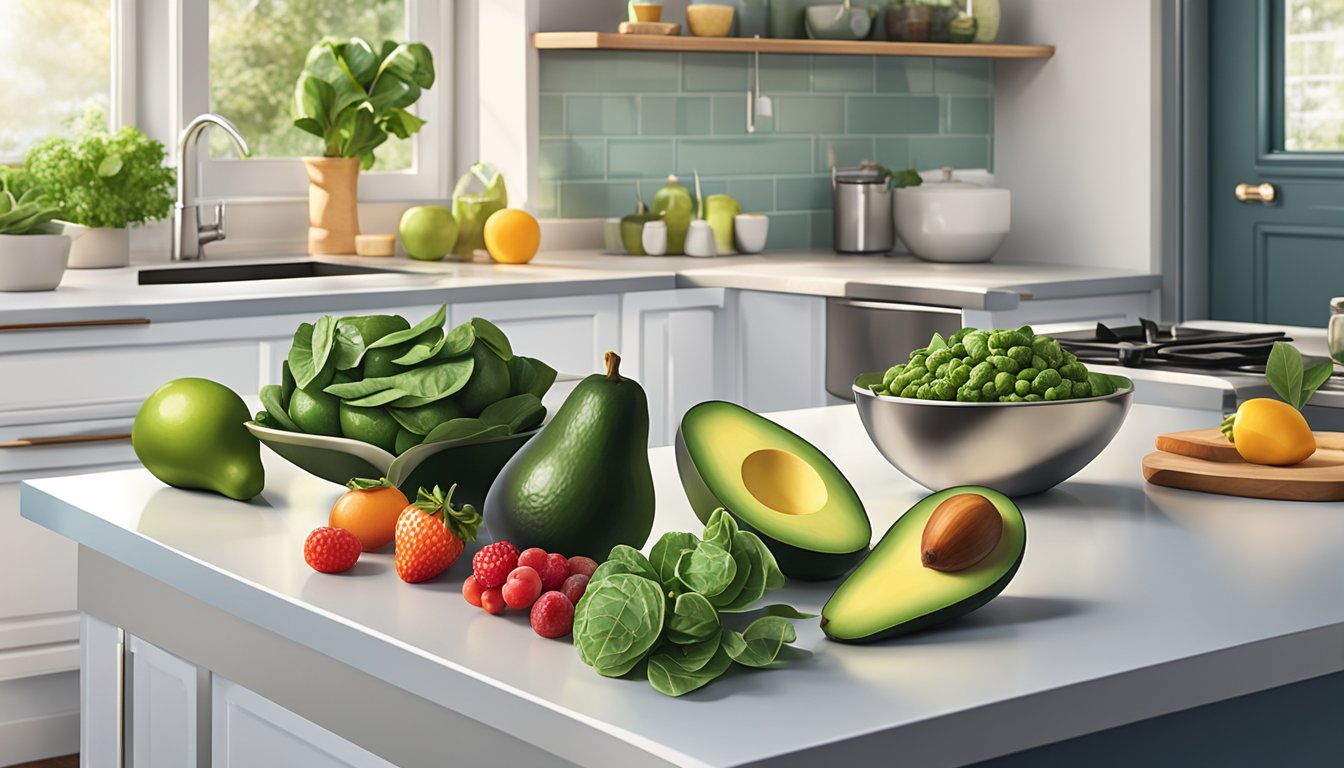 A colorful array of avocados, berries, and leafy greens arranged on a sleek, modern kitchen countertop