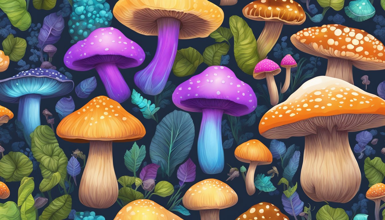 Mushrooms basking in UV light, emitting a soft glow, surrounded by other nutrient-rich foods