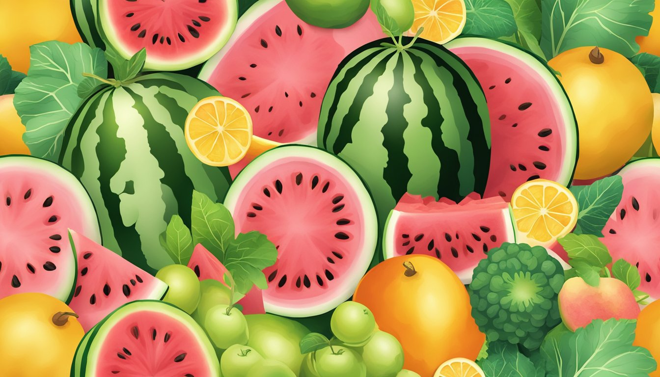 A watermelon split open, surrounded by various fruits and vegetables, with a serene and calming background