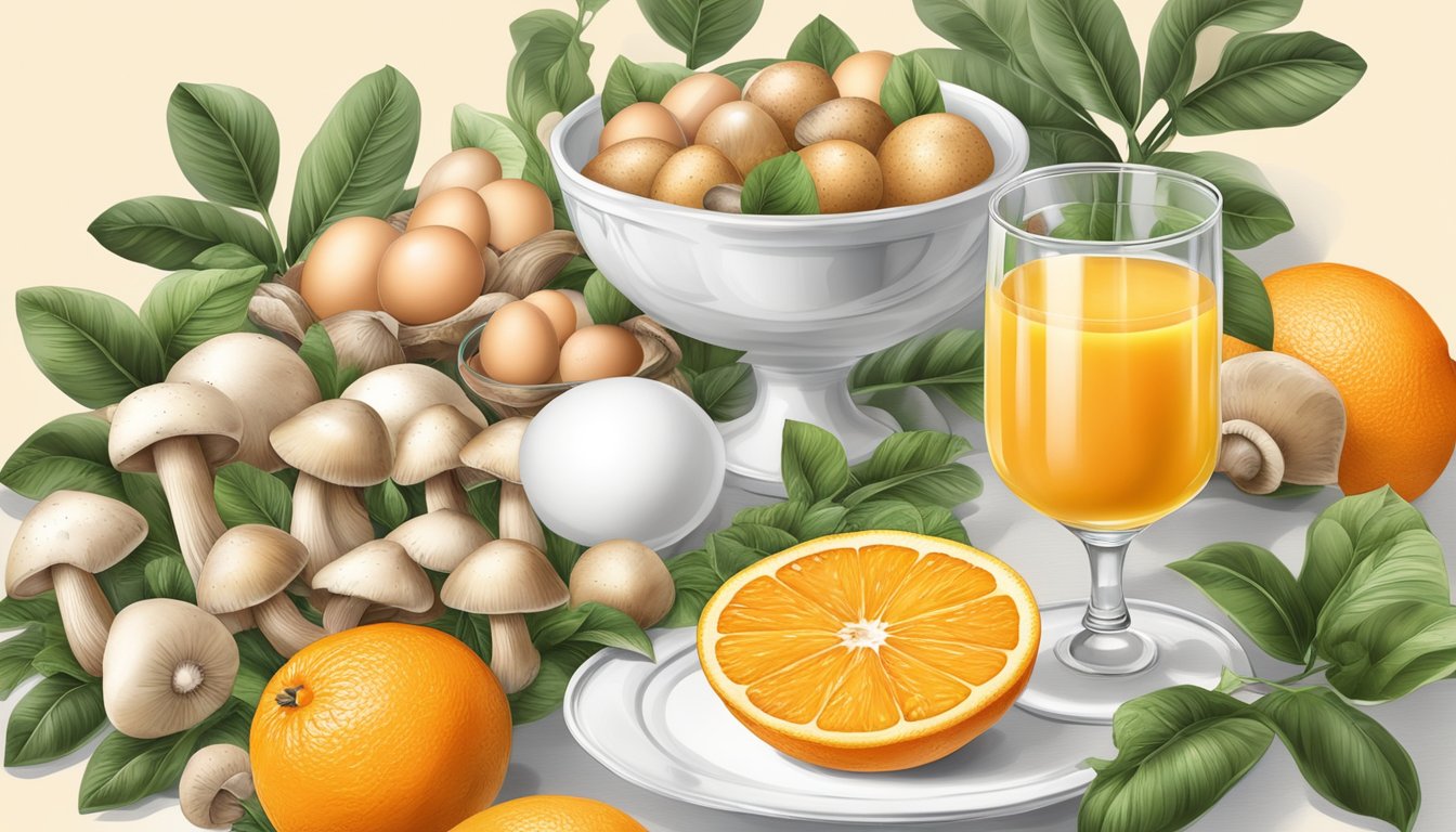 A glass of fortified orange juice surrounded by mushrooms, eggs, and salmon