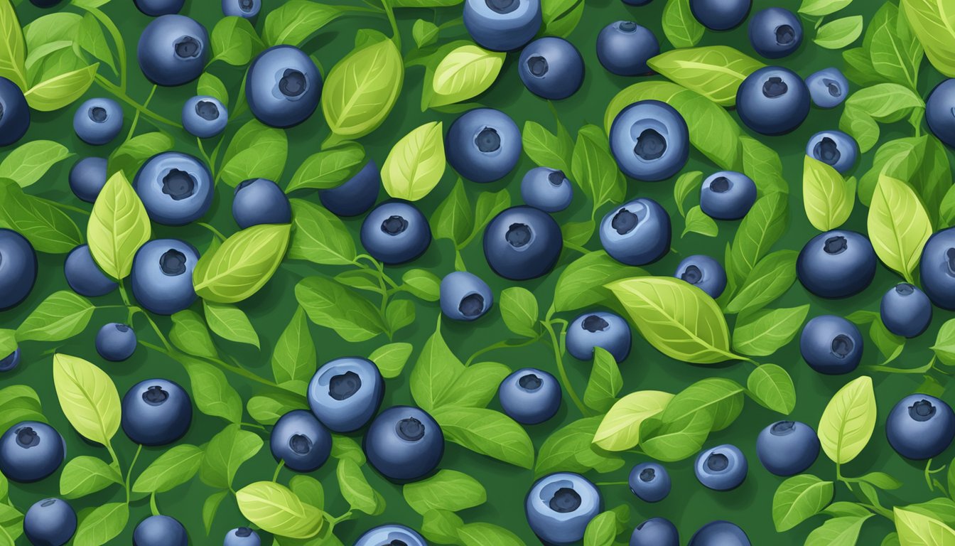 A vibrant pile of blueberries surrounded by fresh green leaves and a measuring tape, symbolizing the connection between blueberries and fat burning