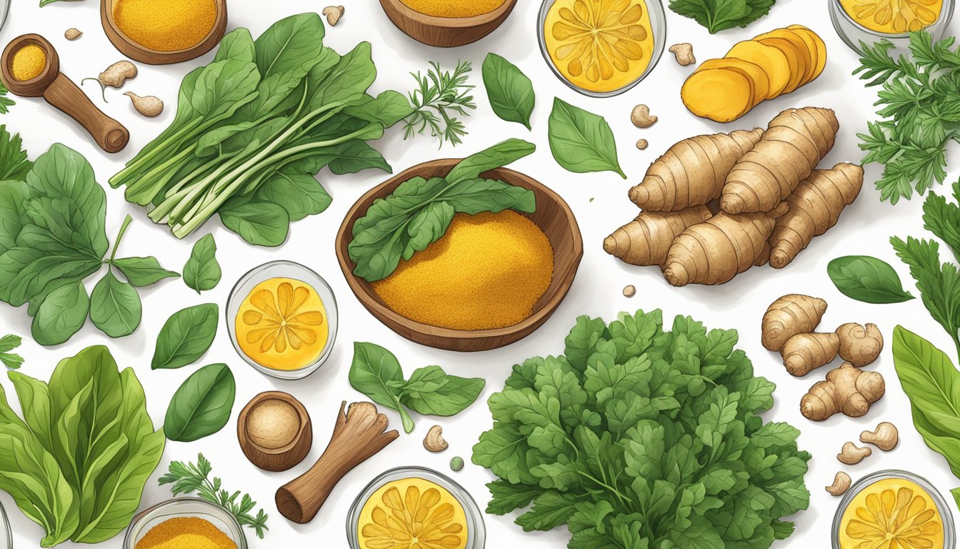 A table filled with ginger, turmeric, and leafy greens, surrounded by fresh herbs and spices