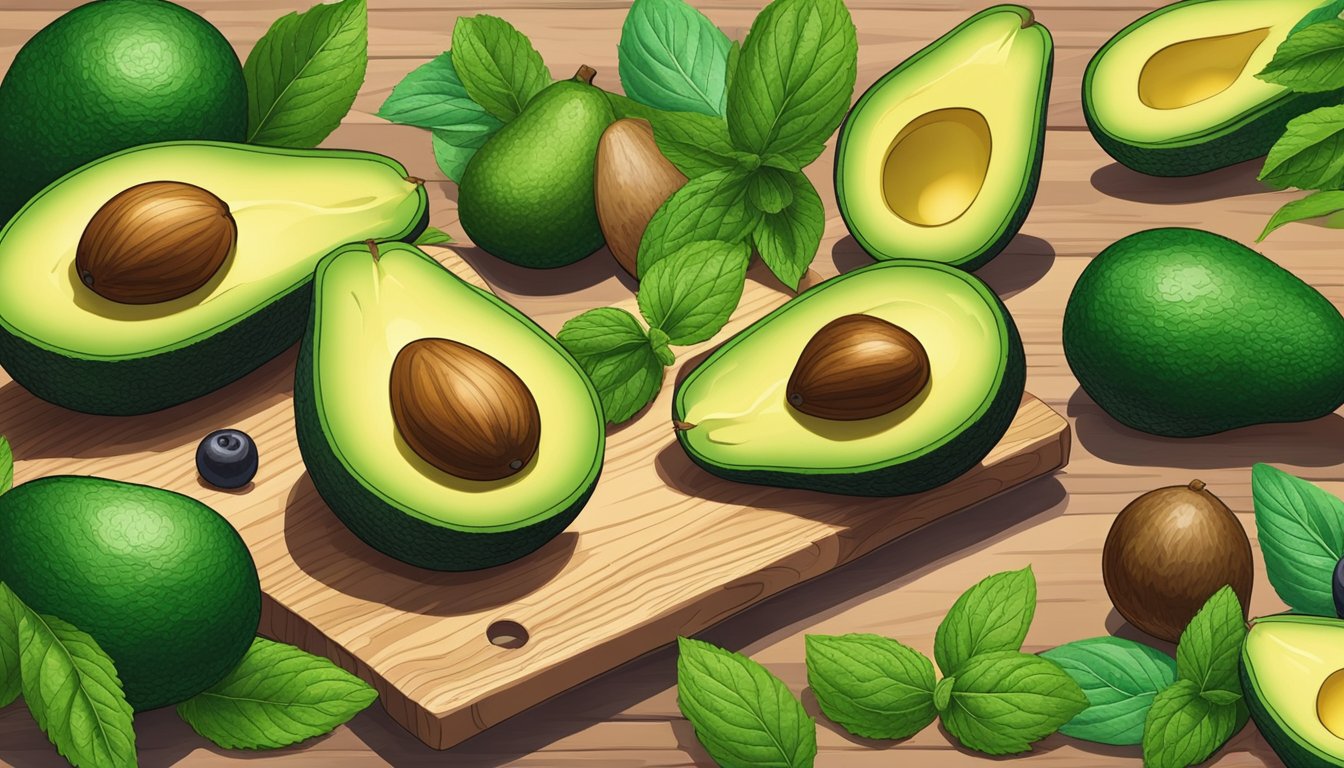 A colorful array of avocados, surrounded by fresh mint leaves and vibrant berries, sits on a wooden cutting board