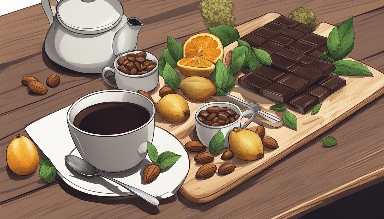 A table with dark chocolate, nuts, and fruit arranged on a wooden cutting board. A steaming cup of herbal tea sits nearby