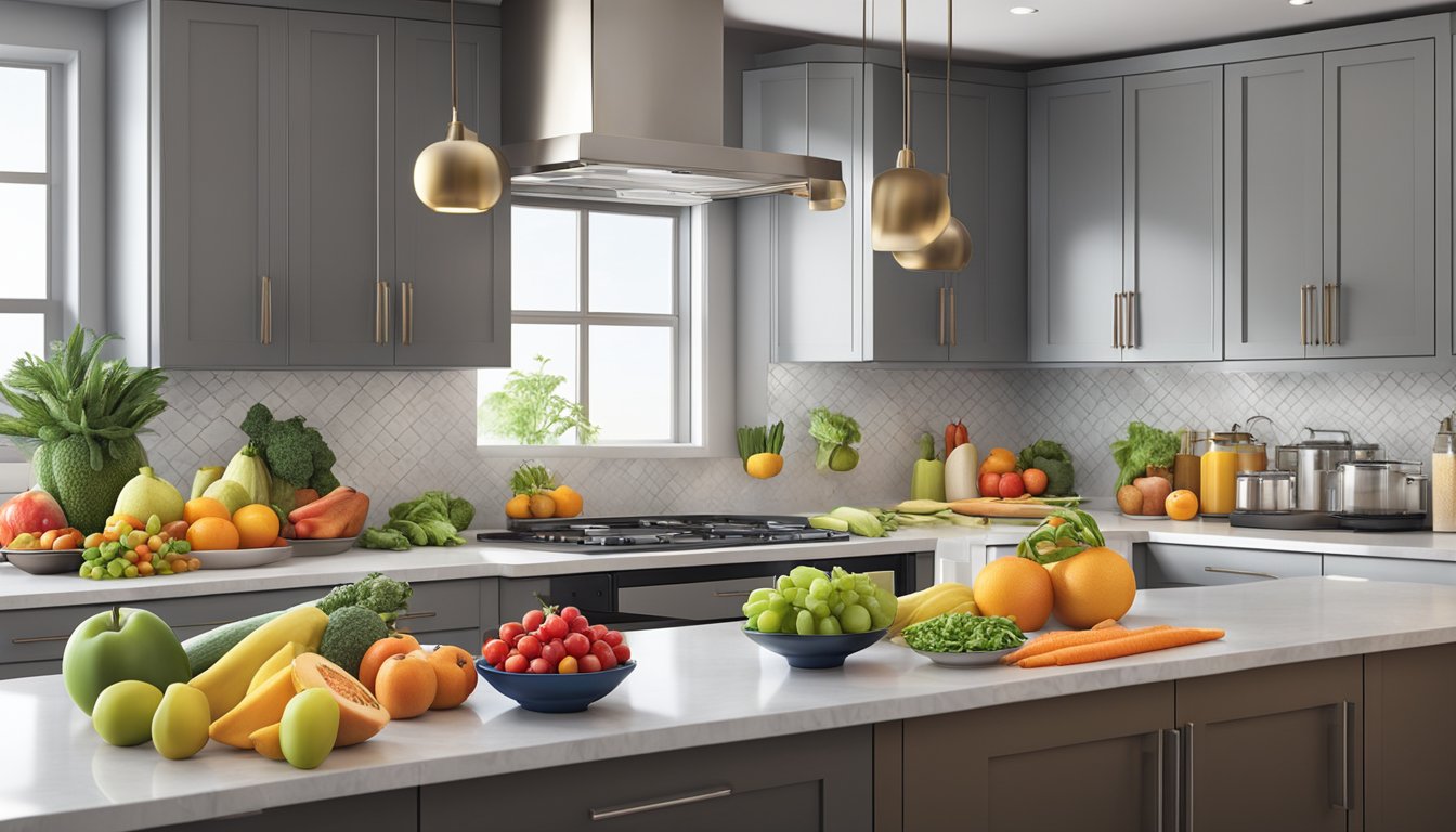 A vibrant array of colorful fruits, vegetables, and lean proteins arranged on a sleek, modern kitchen counter