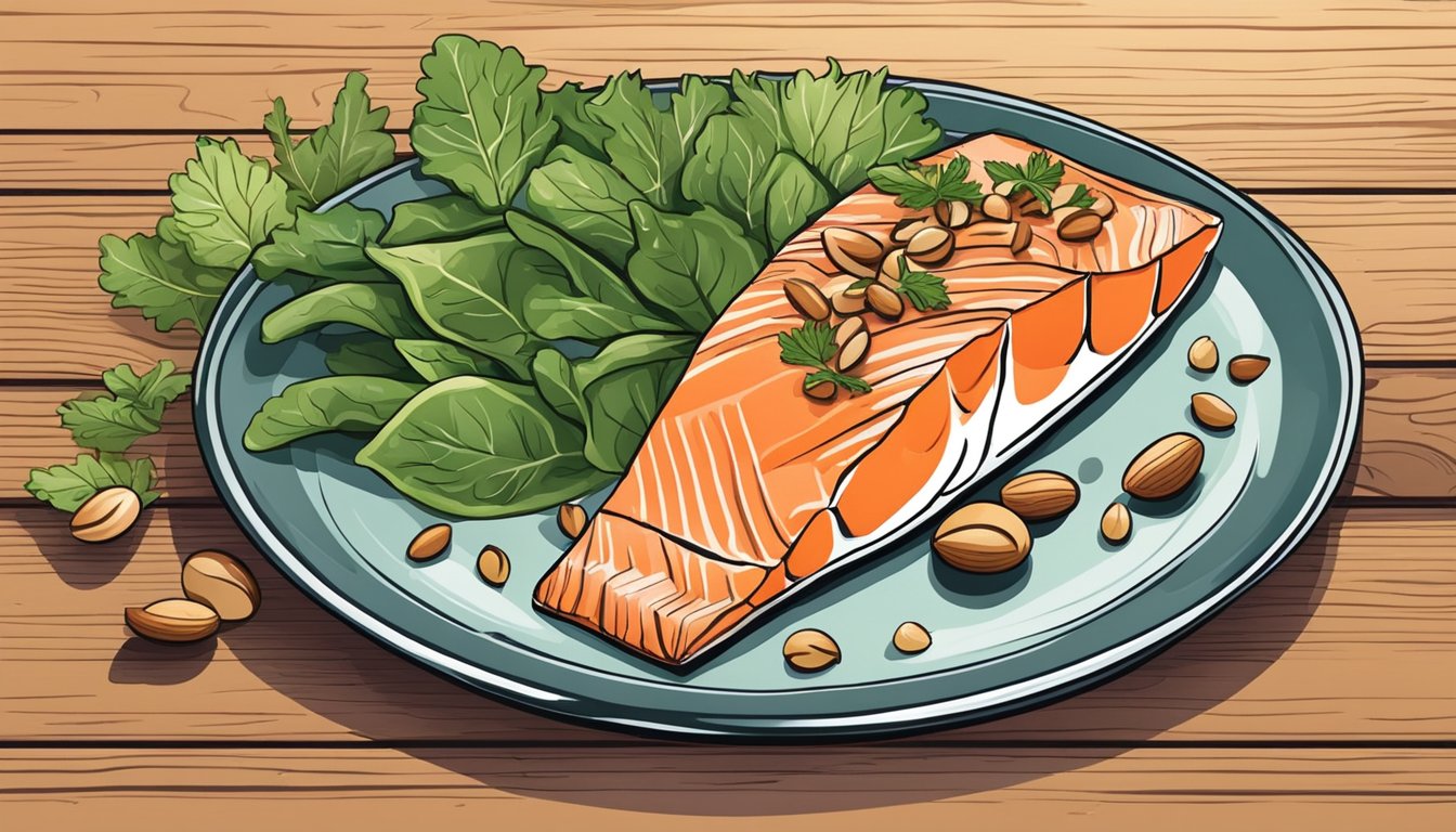 A colorful plate with salmon, leafy greens, and nuts on a wooden table