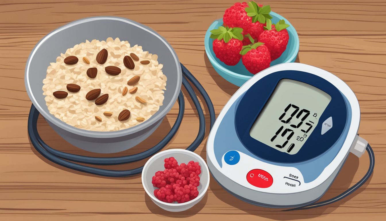 A bowl of oatmeal surrounded by fresh berries and nuts on a wooden table. A blood pressure monitor sits nearby