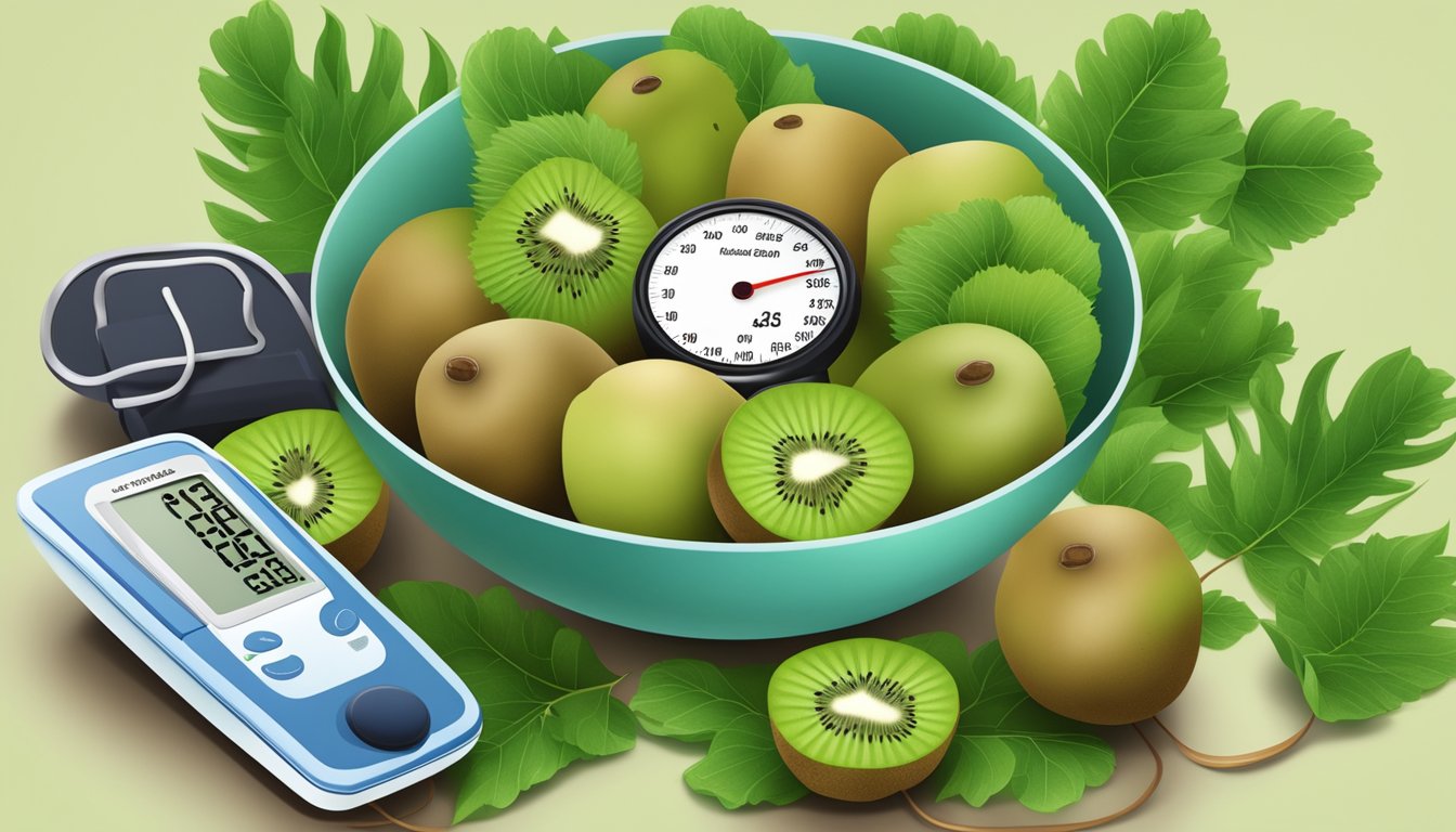 A bowl of kiwis surrounded by green leaves and a blood pressure monitor showing a healthy reading