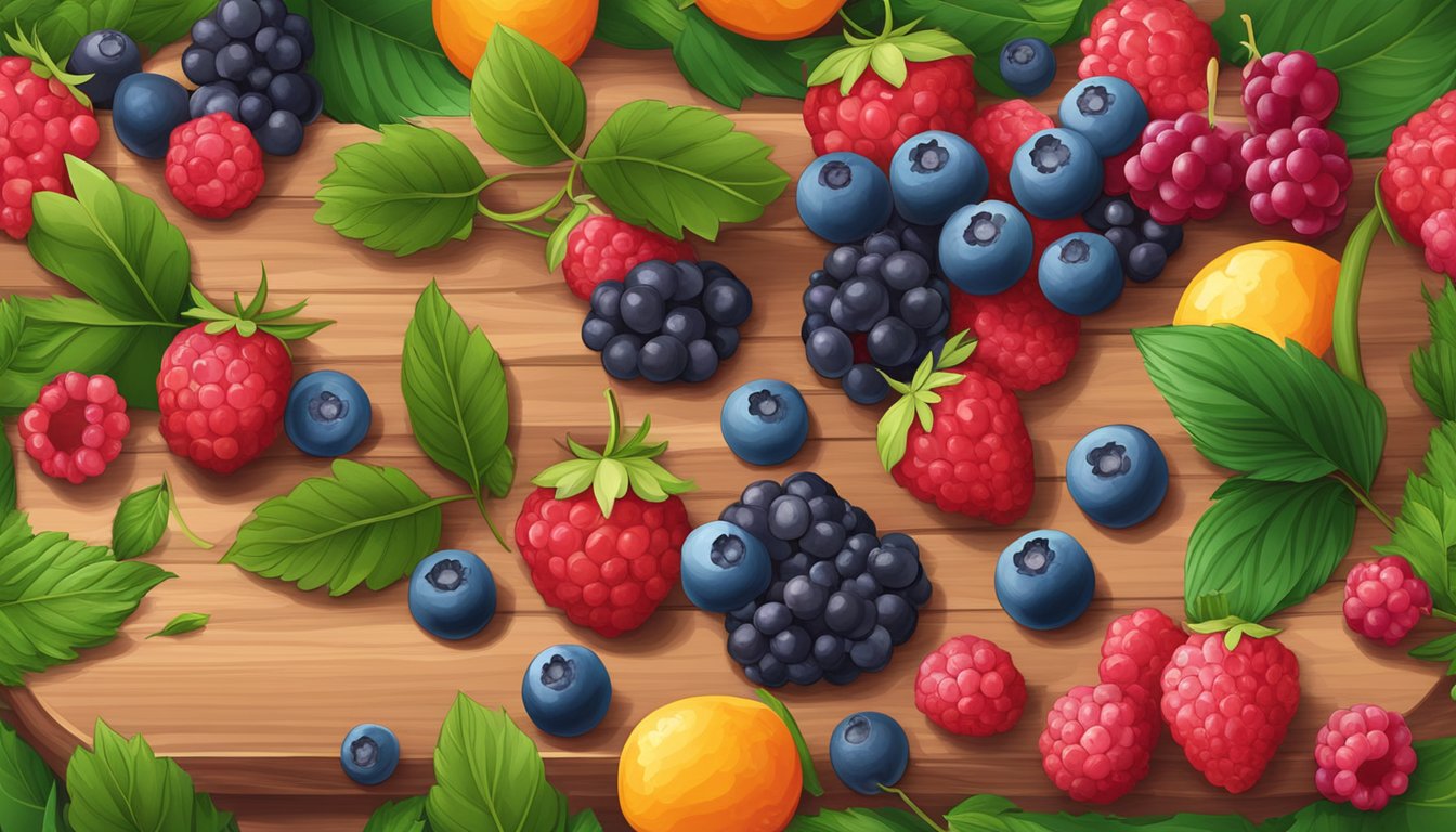 A vibrant assortment of berries arranged on a wooden cutting board, surrounded by leaves and flowers