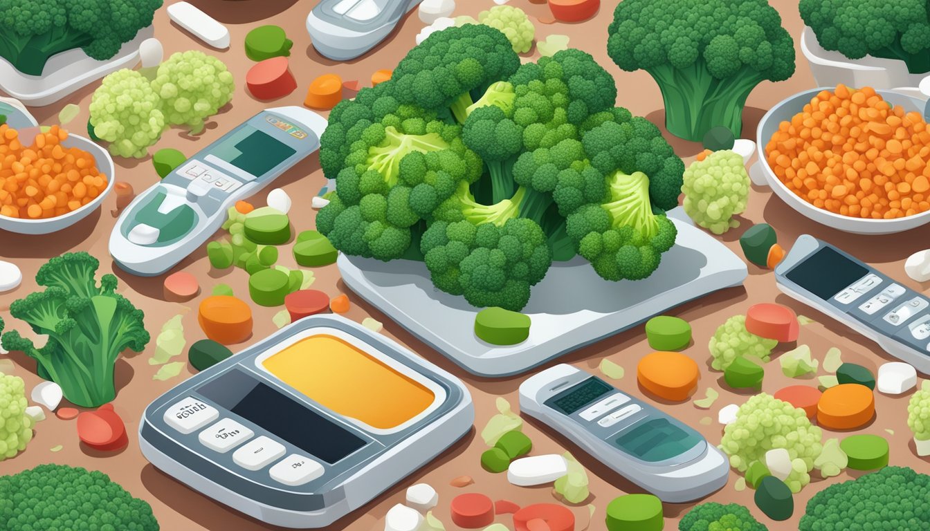 A colorful pile of fresh broccoli surrounded by scattered blood sugar monitoring devices