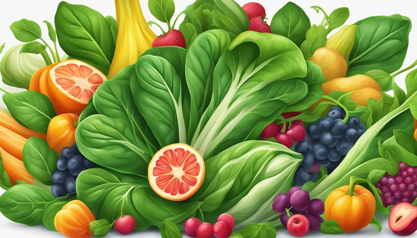 A vibrant bunch of fresh spinach leaves arranged in a swirling pattern, surrounded by other colorful fruits and vegetables