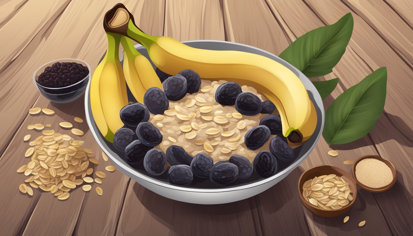 A bowl of oatmeal surrounded by prunes, flaxseeds, and bananas on a wooden table