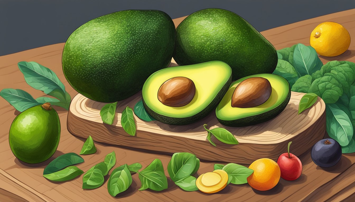 Ripe avocados surrounded by leafy greens and other colorful fruits on a wooden cutting board