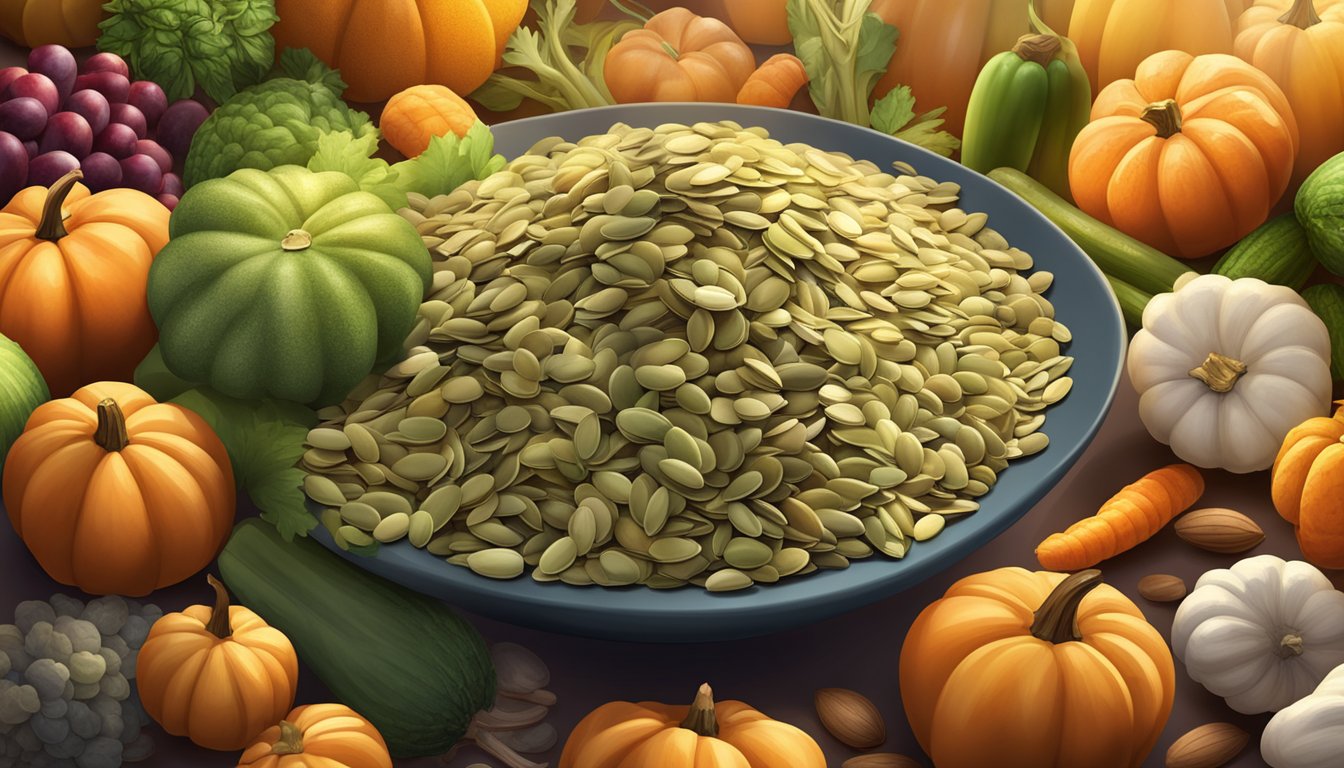 A pile of pumpkin seeds surrounded by various fruits and vegetables, with a bright spotlight shining on them