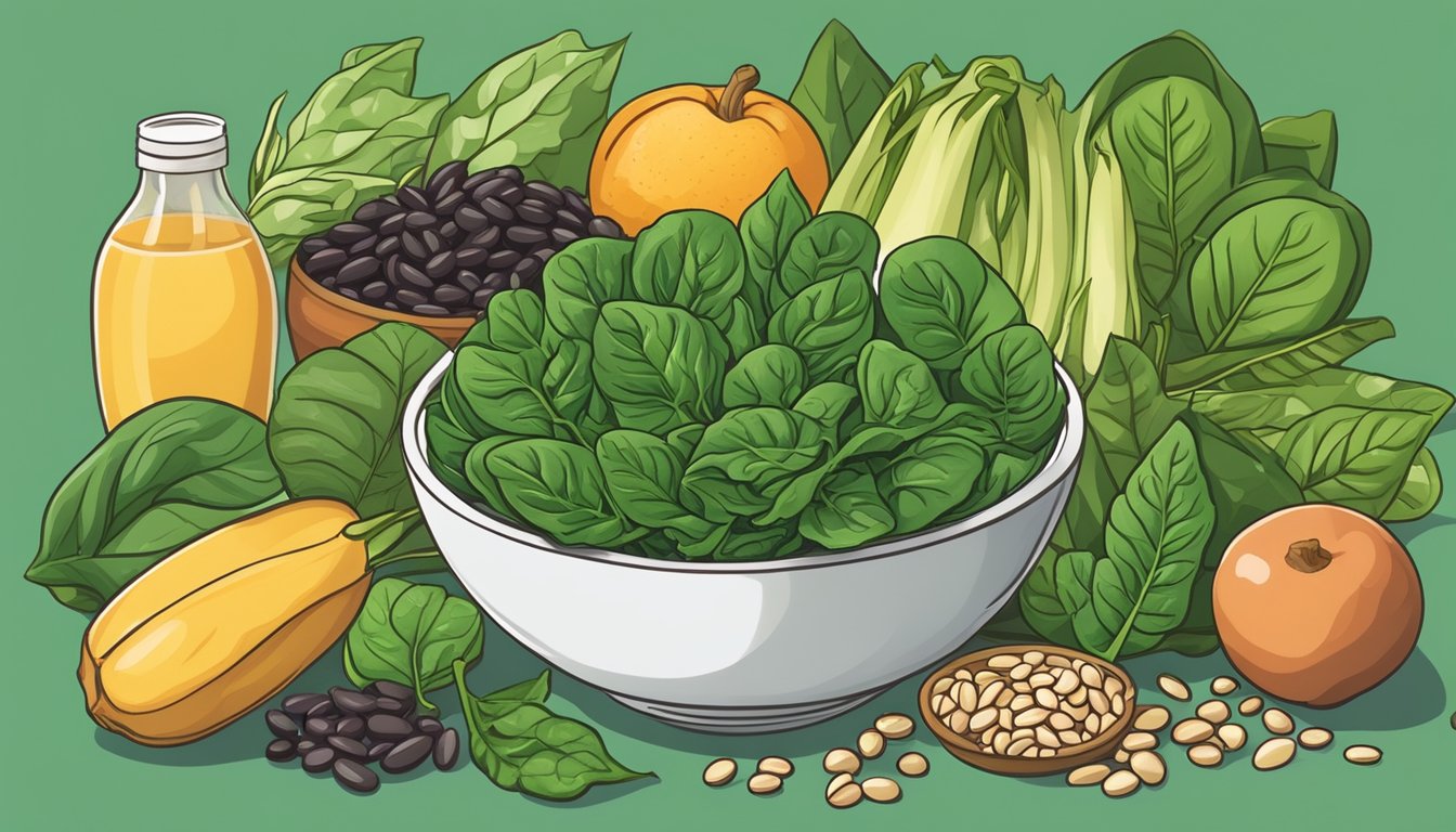 A bowl of fresh spinach leaves surrounded by other high-fiber foods like beans, whole grains, and fruits