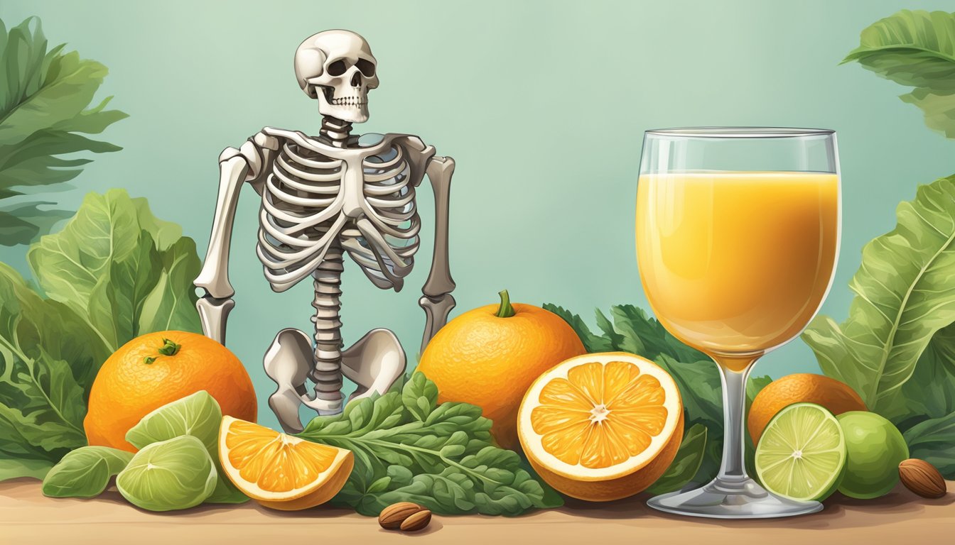 A glass of fortified orange juice surrounded by calcium-rich foods like dairy, leafy greens, and nuts, with a backdrop of a strong, healthy skeleton