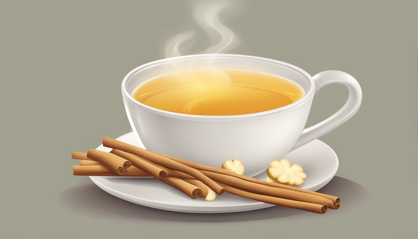 A steaming cup of ginger tea surrounded by fresh ginger root and cinnamon sticks