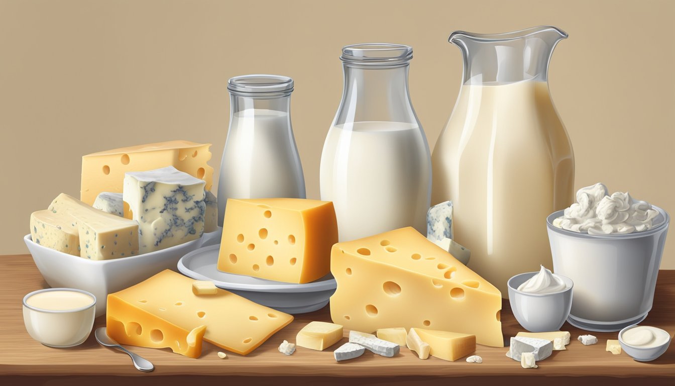 A table covered in a variety of cheese, milk, yogurt, and other dairy products, surrounded by images of strong bones and a broken bone mending