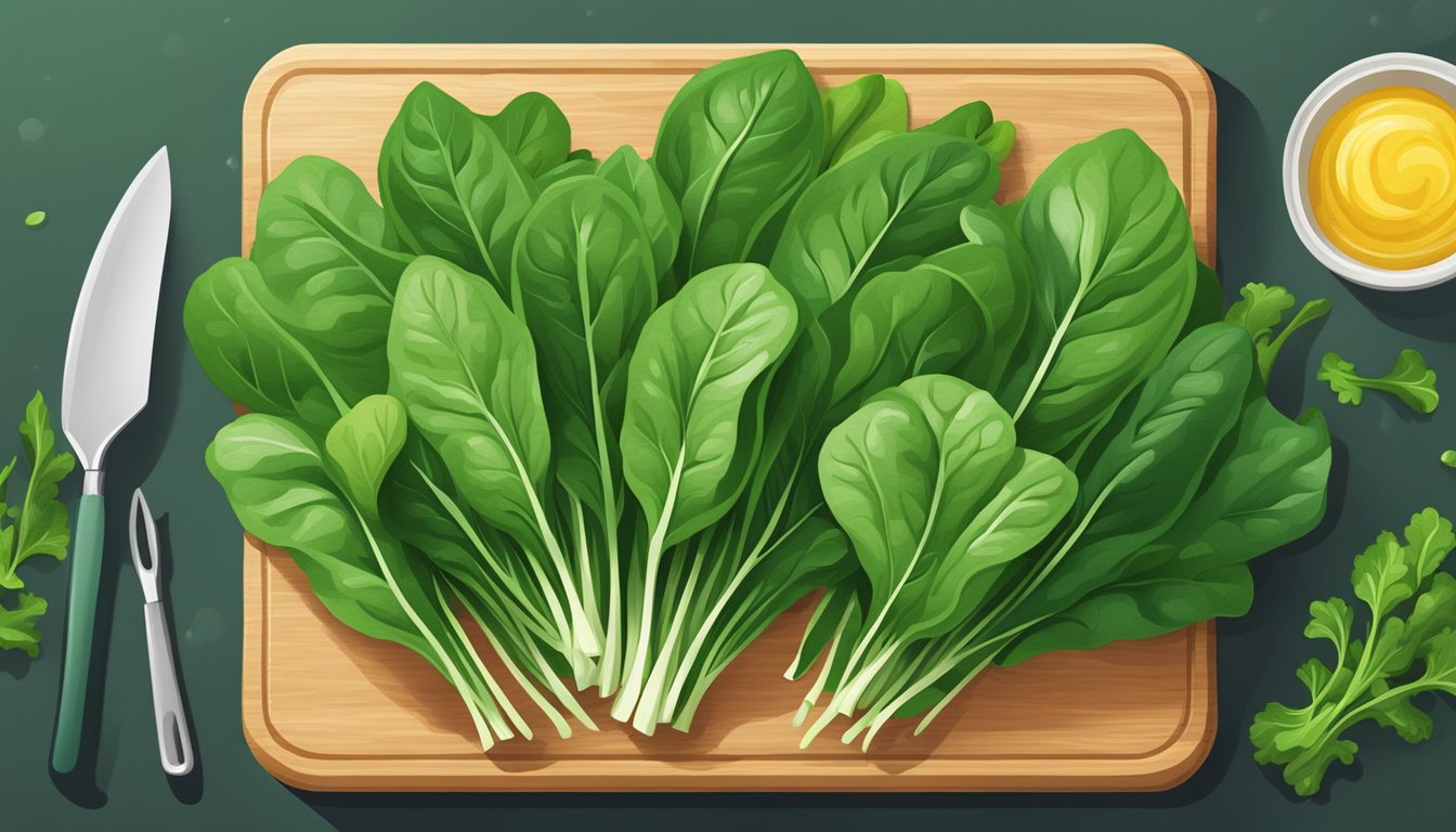 A vibrant bunch of spinach leaves arranged on a wooden cutting board, surrounded by other leafy greens like kale and arugula