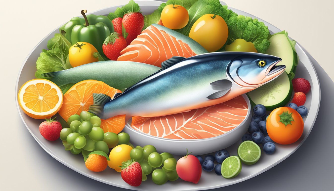 A plate of salmon surrounded by colorful fruits and vegetables, with a bright spotlight shining on the fish