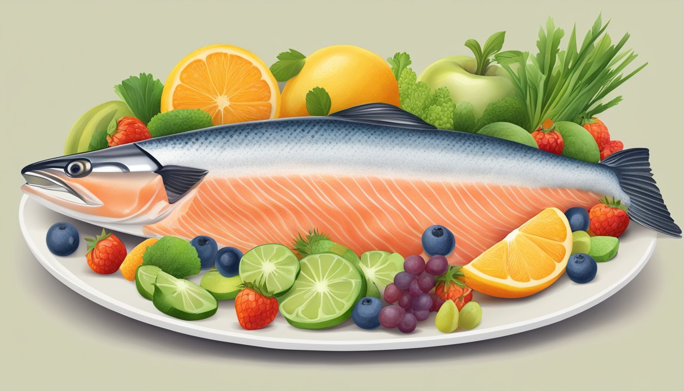 A plate of salmon surrounded by colorful fruits and vegetables, with a tape measure wrapped around the plate