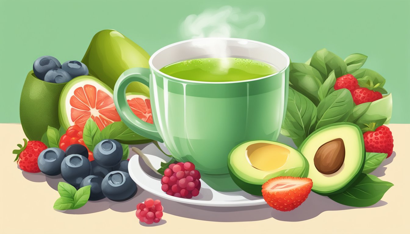 A steaming cup of green tea surrounded by various fat-burning foods like avocado, spinach, and berries