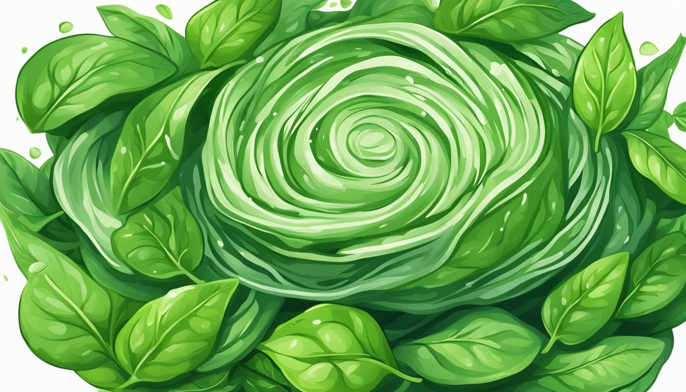 A vibrant pile of spinach leaves surrounded by swirling energy, targeting and melting away stubborn belly fat