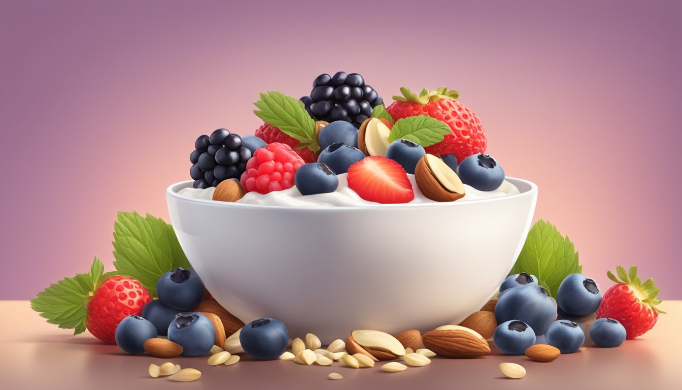 A bowl of Greek yogurt surrounded by fat-burning ingredients like berries, nuts, and seeds, with a spotlight shining on it