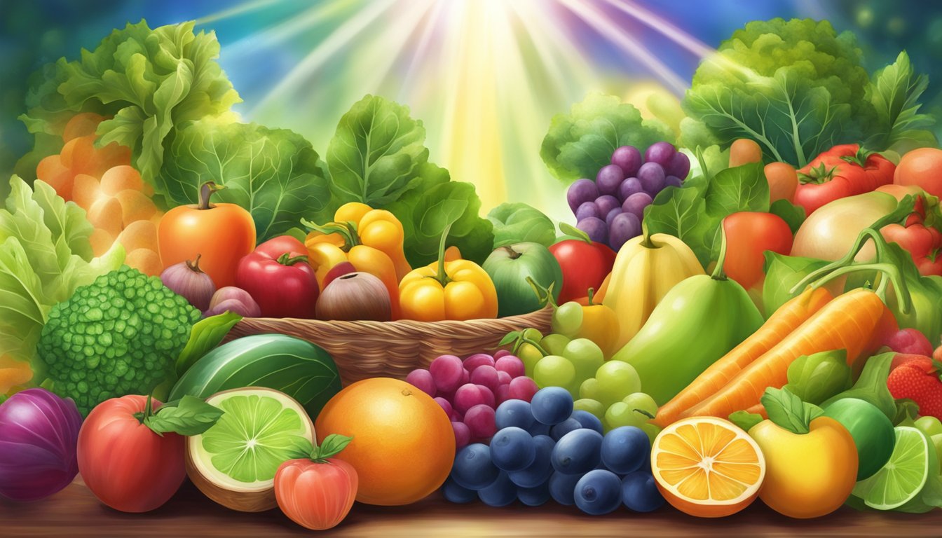 A colorful array of fruits and vegetables, bursting with vitality and energy, surrounded by beams of light symbolizing healing and recovery